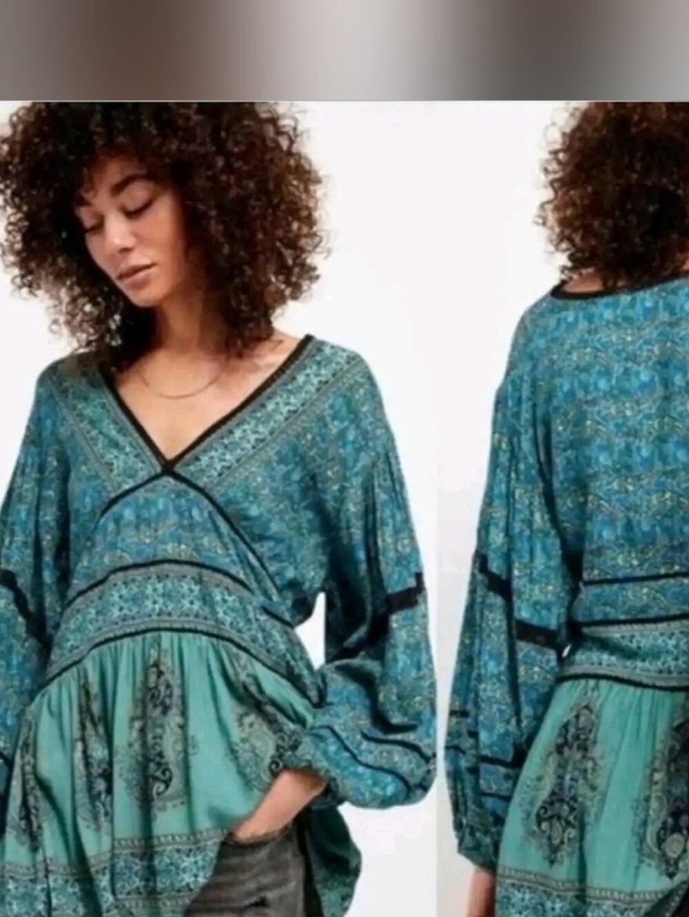Free People Luna Paisley Scarf Print Tunic Blouse V-Neck Blue Green Size L